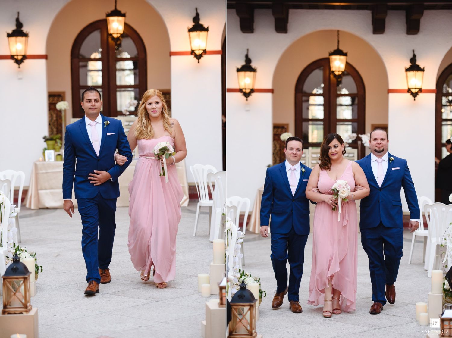 Bridesmaids in pink gowns walk with groomsmen in navy suits during an outdoor wedding ceremony processional.