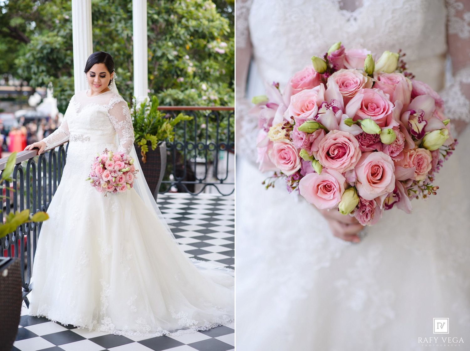 Bride in white lace gown holding pink rose bouquet outdoors on checkered floor.