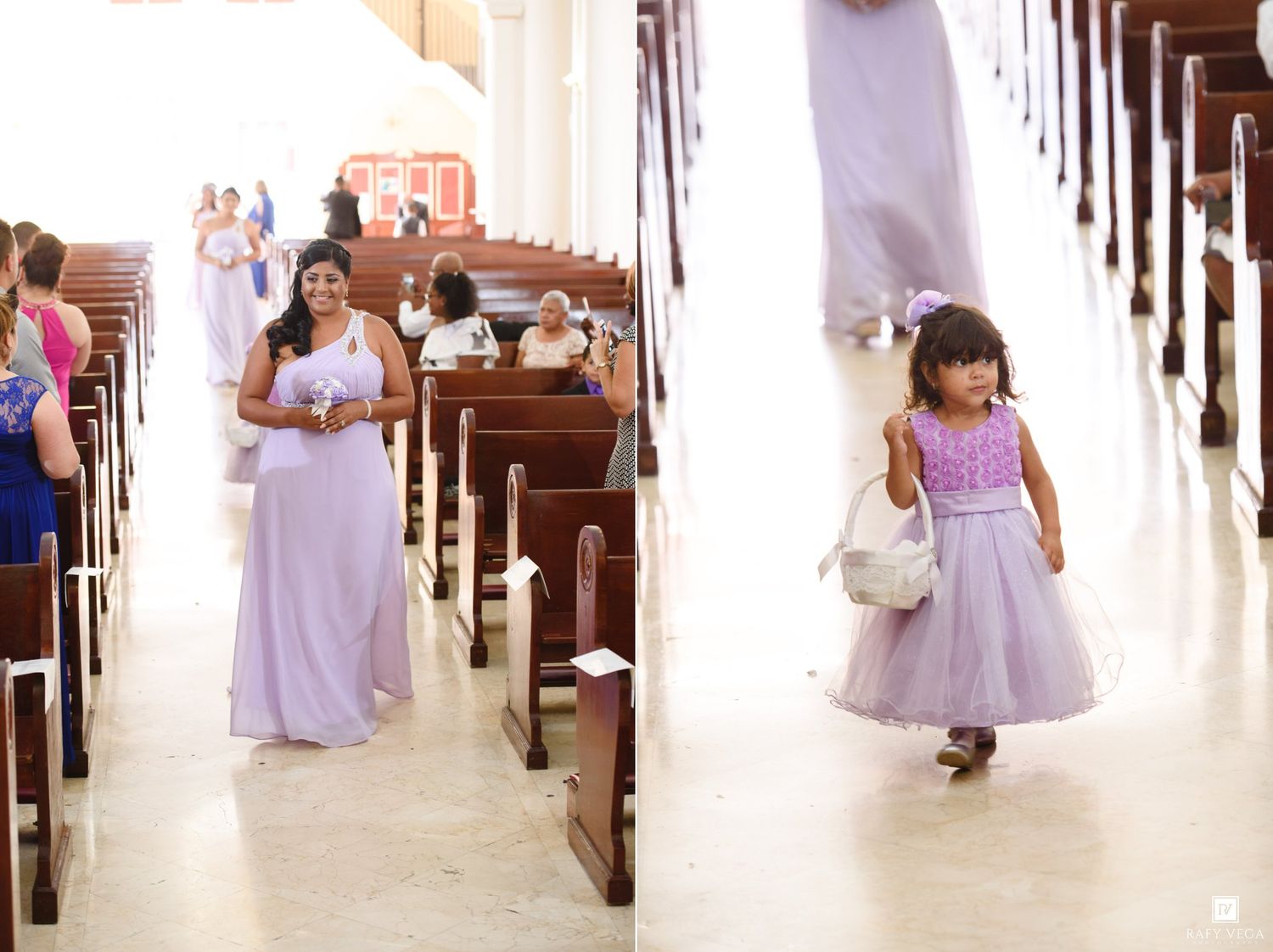 A bridesmaid in lavender gown and flower girl in matching dress walk down church aisle during wedding ceremony.