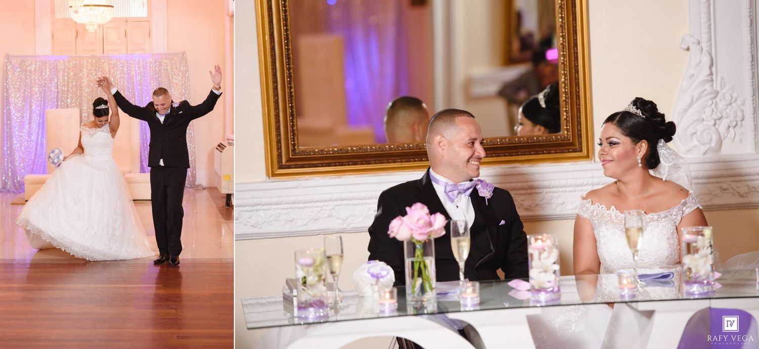 Bride and groom make grand entrance at elegant wedding reception while couple sits at sweetheart table with floral centerpieces.
