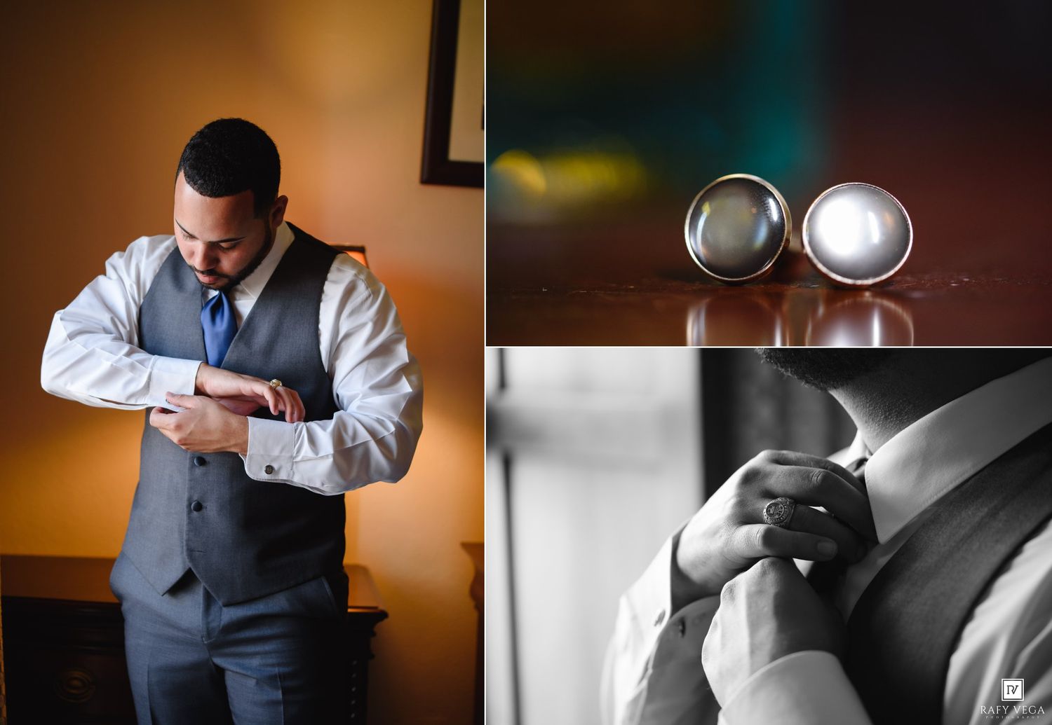 Groom preparing for wedding day, adjusting cufflinks and tie, with elegant silver cufflinks detail shot.