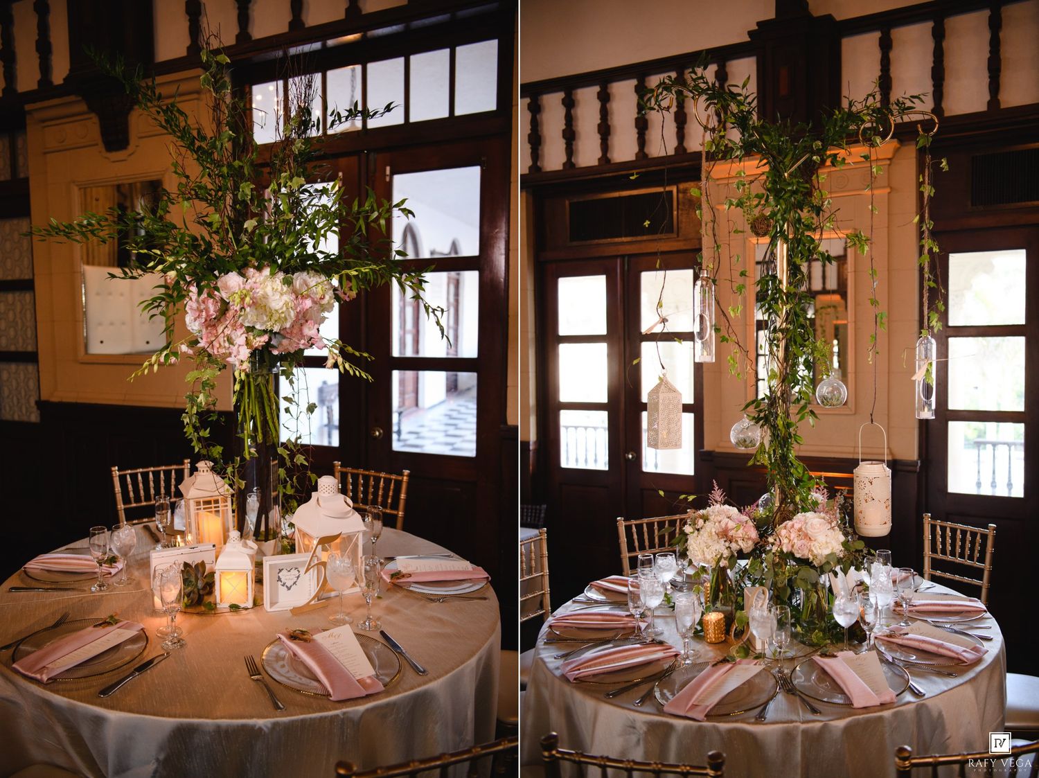 Elegant wedding reception tables with tall floral centerpieces, pink linens, and gold chiavari chairs in a rustic venue.
