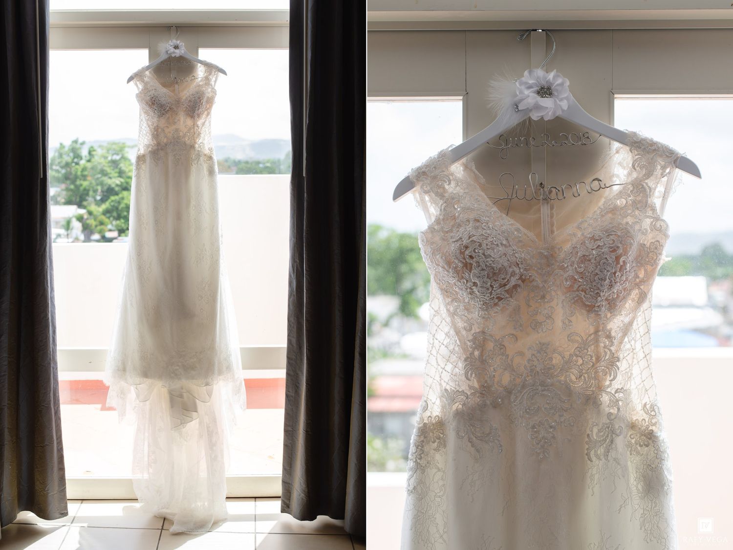 Elegant lace wedding dress hanging by a window, showcasing intricate beading and a flowing silhouette.