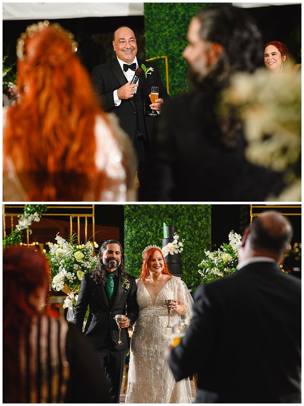 Elegant wedding reception toasts with guests holding champagne glasses in front of a lush green botanical wall backdrop.