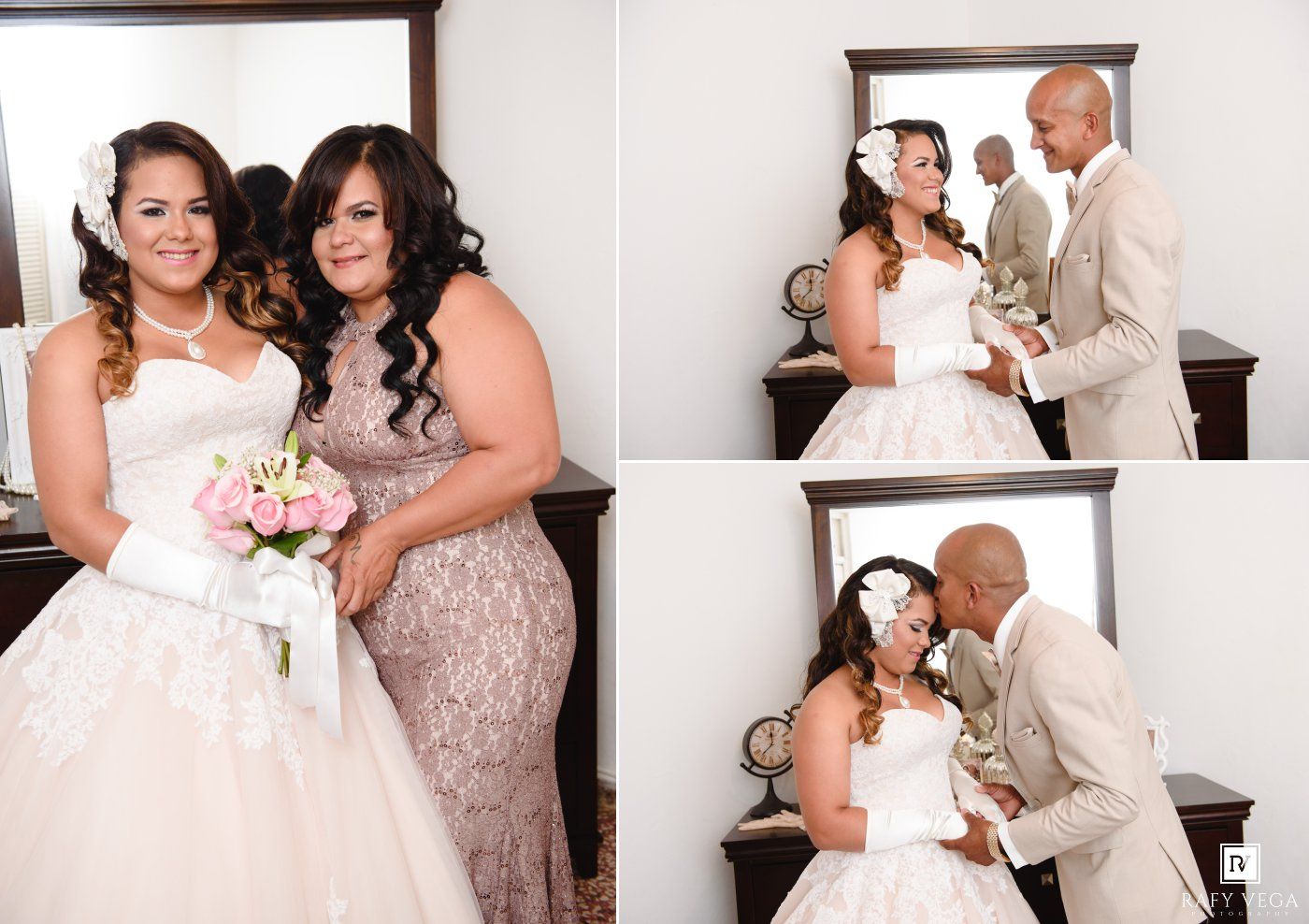 Bride in white gown poses with bridesmaid in lace dress, then shares tender moments with groom in tan suit.