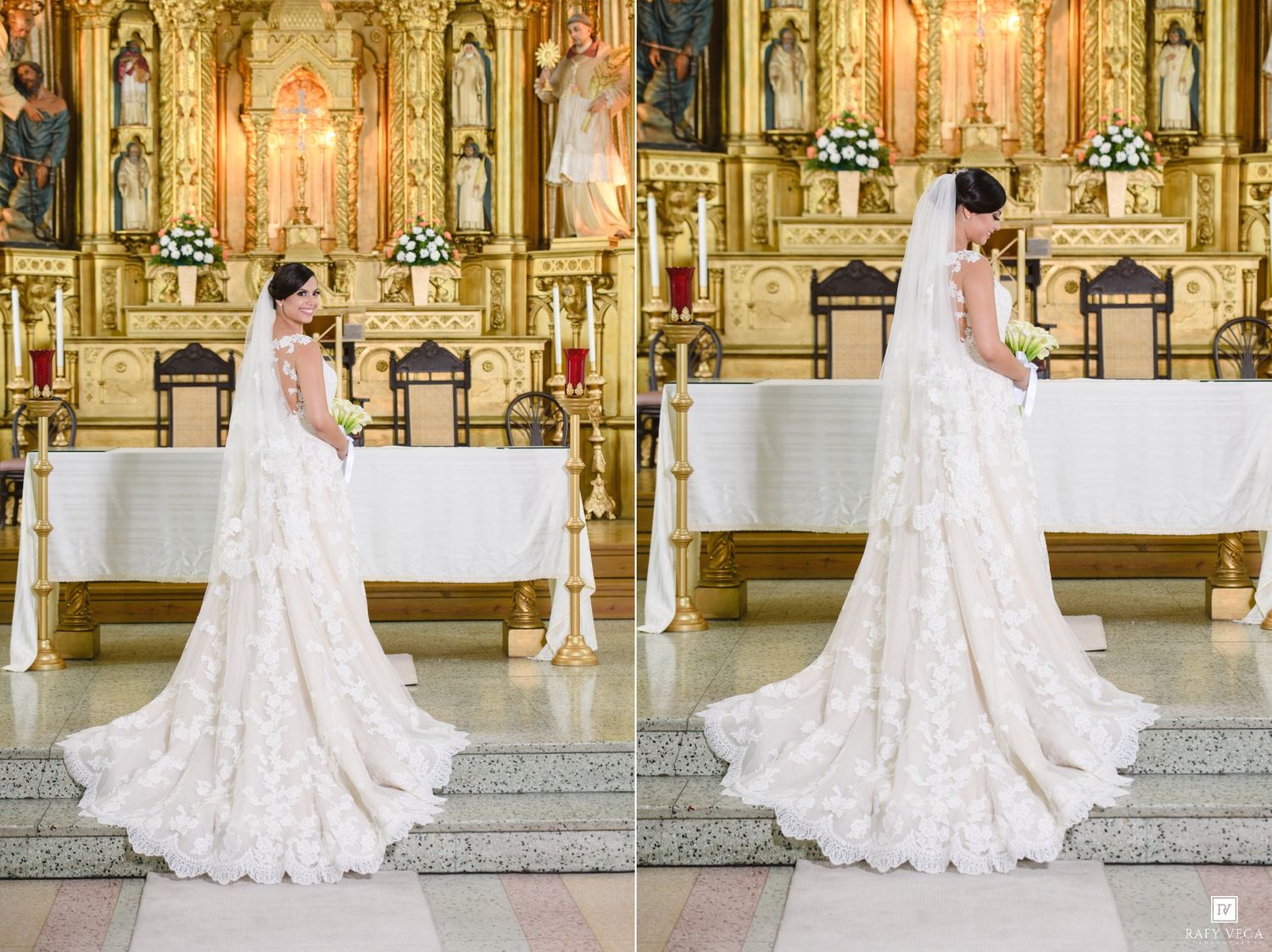 Bride in elegant lace wedding gown with long train and veil standing at church altar.