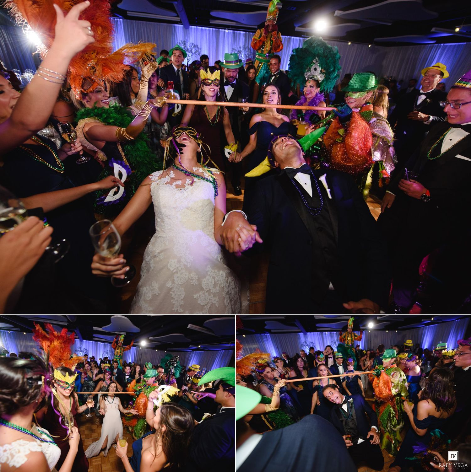 Bride and groom dancing joyfully at Mardi Gras themed wedding reception surrounded by guests in colorful masks and feathers.