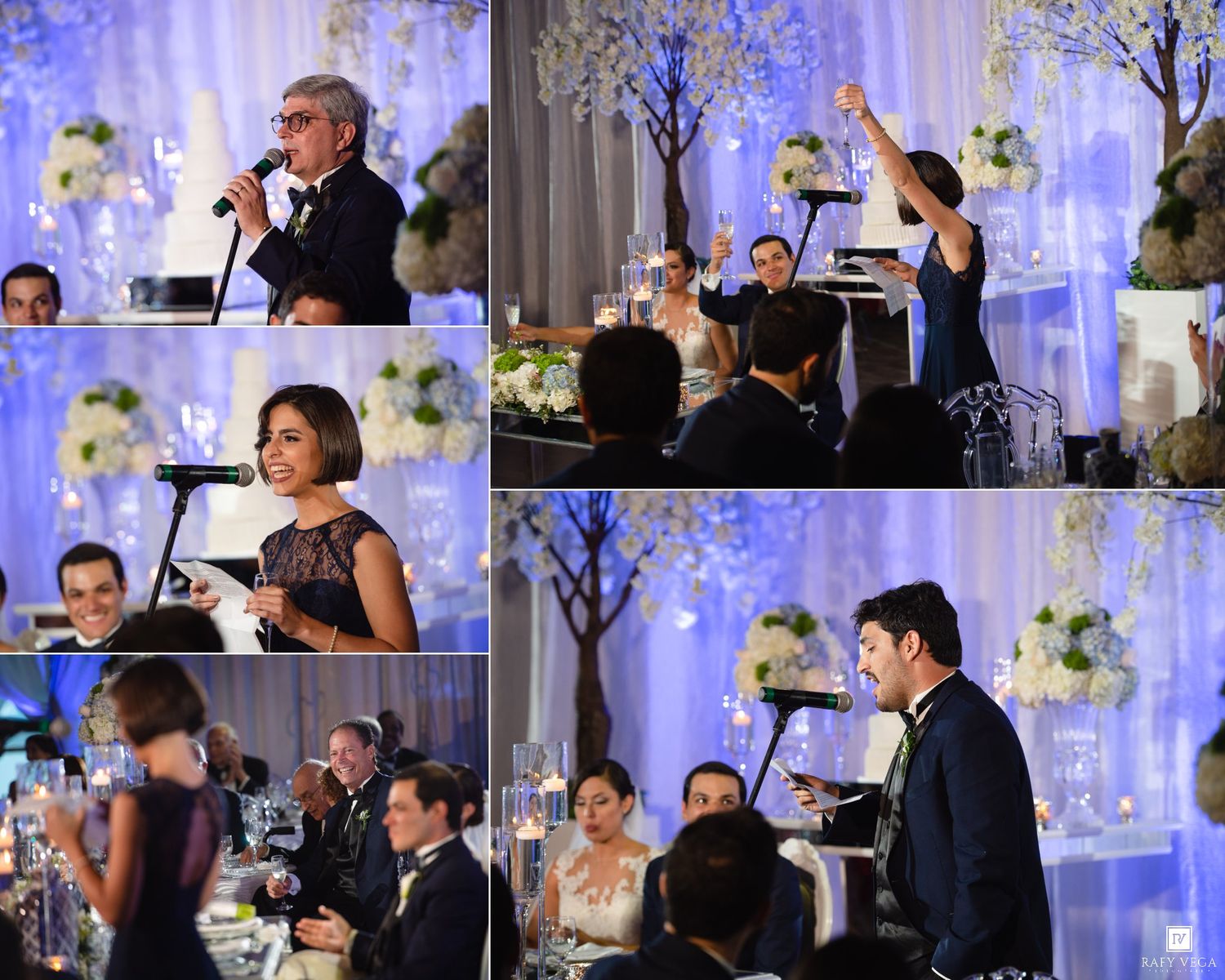 Wedding reception toasts and speeches with guests raising glasses amid white floral decor and candlelight.