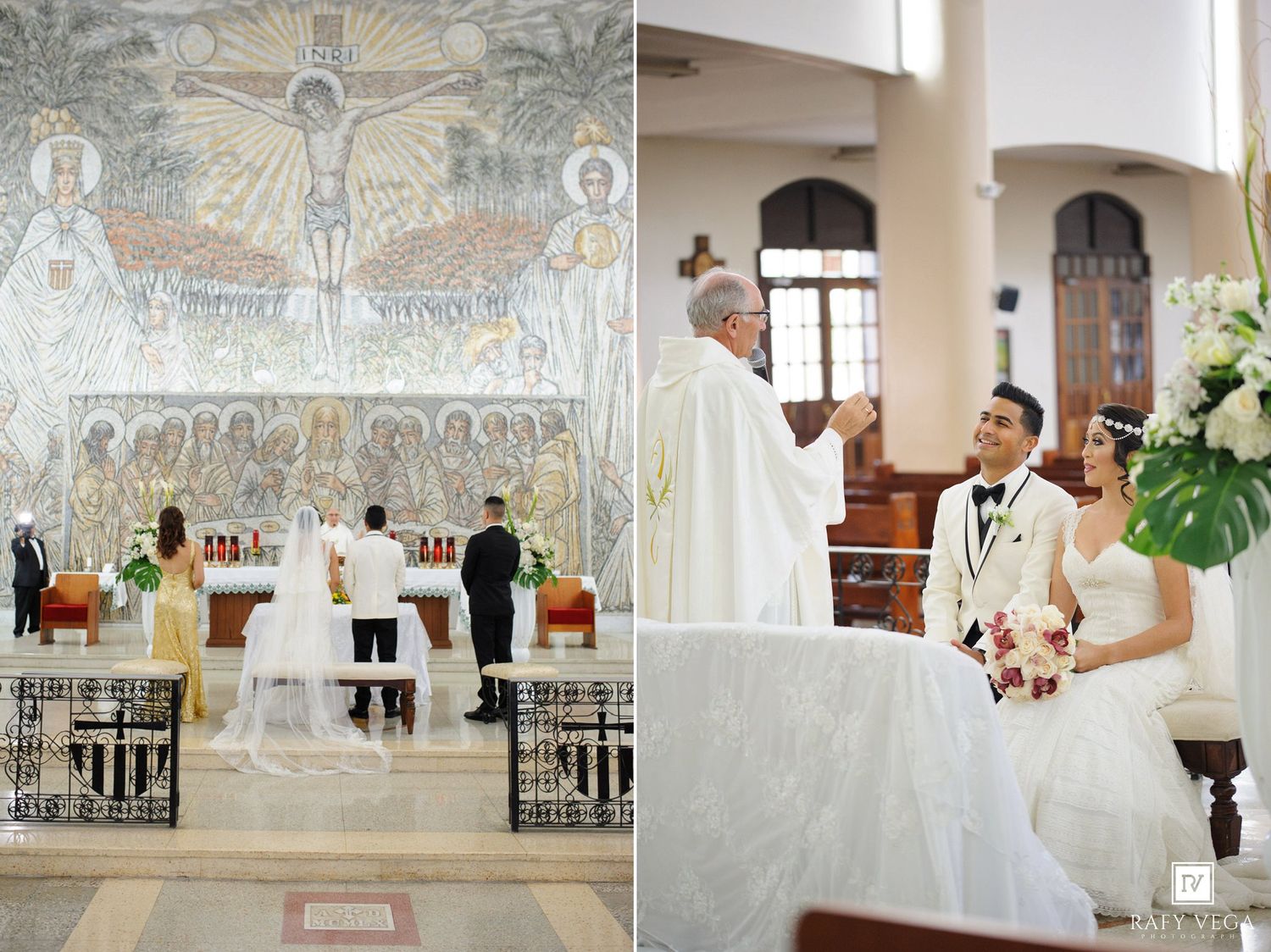A couple exchanges wedding vows at a church altar with a priest, surrounded by ornate religious artwork and decor.