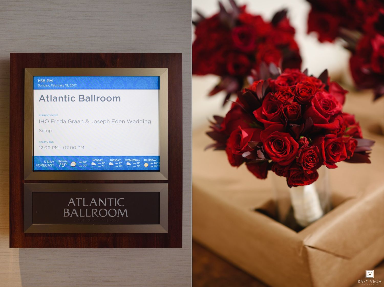 Atlantic Ballroom sign with red rose bridal bouquet displayed outside wedding reception venue entrance.
