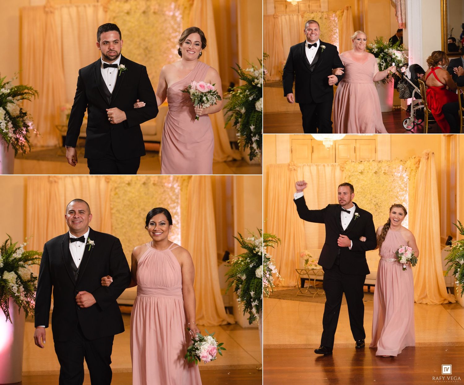 Wedding party members in blush pink dresses and black tuxedos make a grand entrance into an elegant ballroom reception.