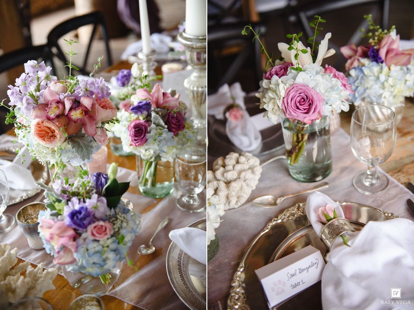 Colorful pink, purple, and white floral centerpieces adorn a beautifully set wedding reception table.