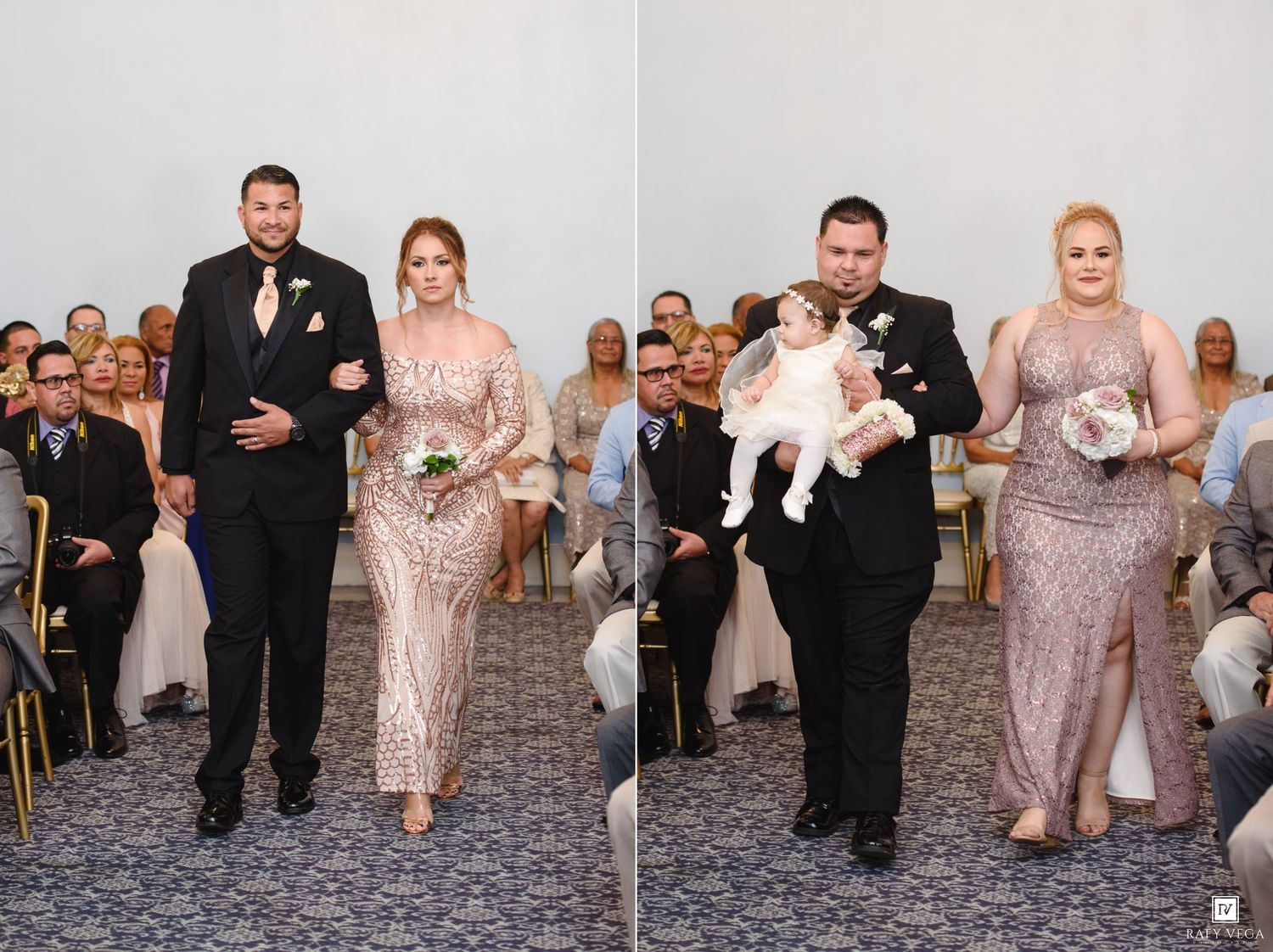 Wedding party walks down the aisle during ceremony, bridesmaids in rose gold gowns escort groomsmen in black tuxedos.