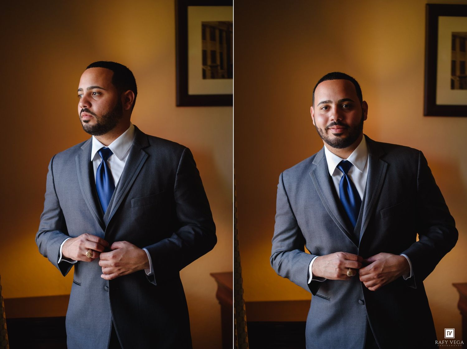Groom in gray suit and navy tie buttoning jacket in two poses before wedding ceremony.