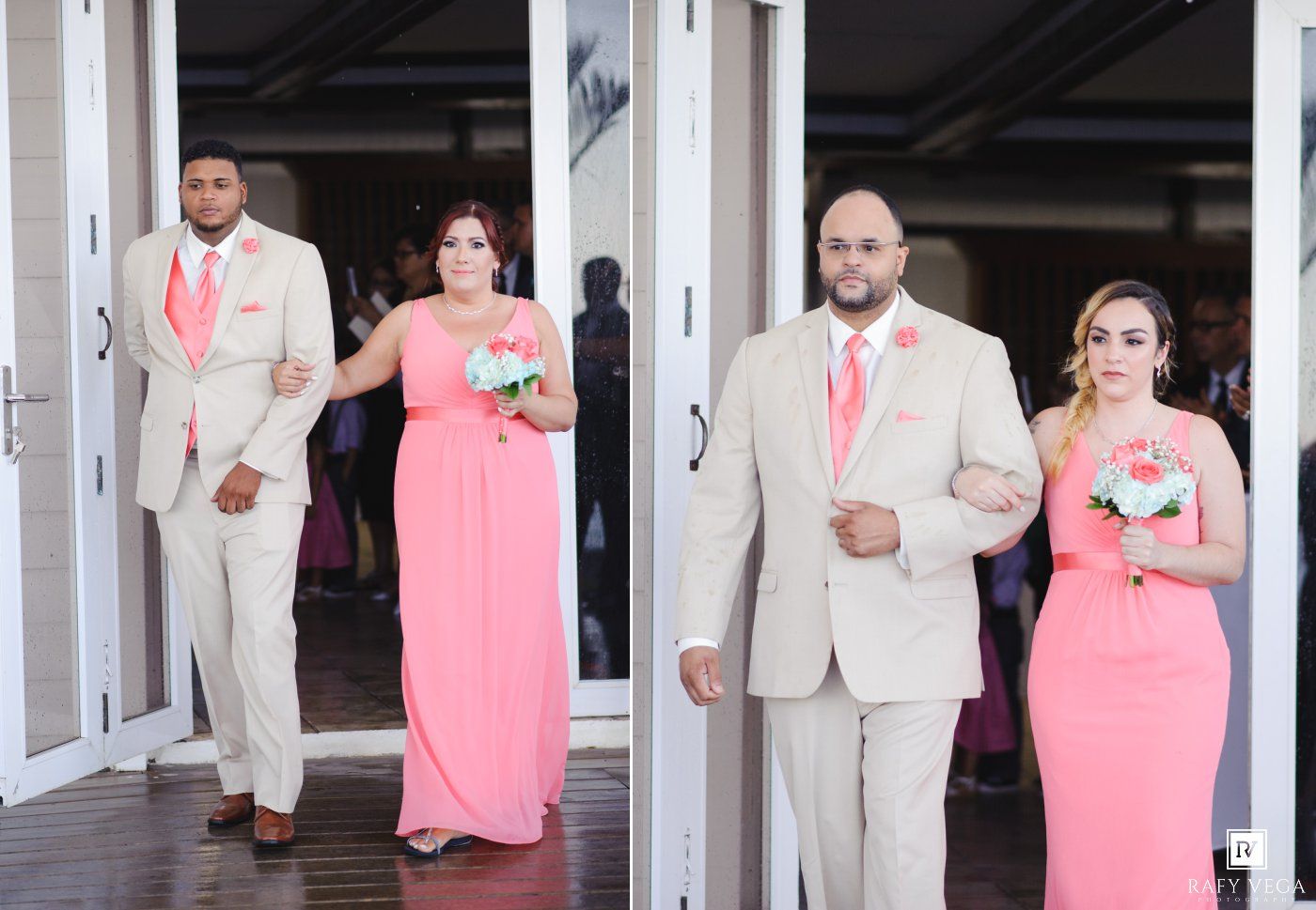 Wedding party in coral and tan attire, groomsmen and bridesmaids walking in pairs through glass doors.