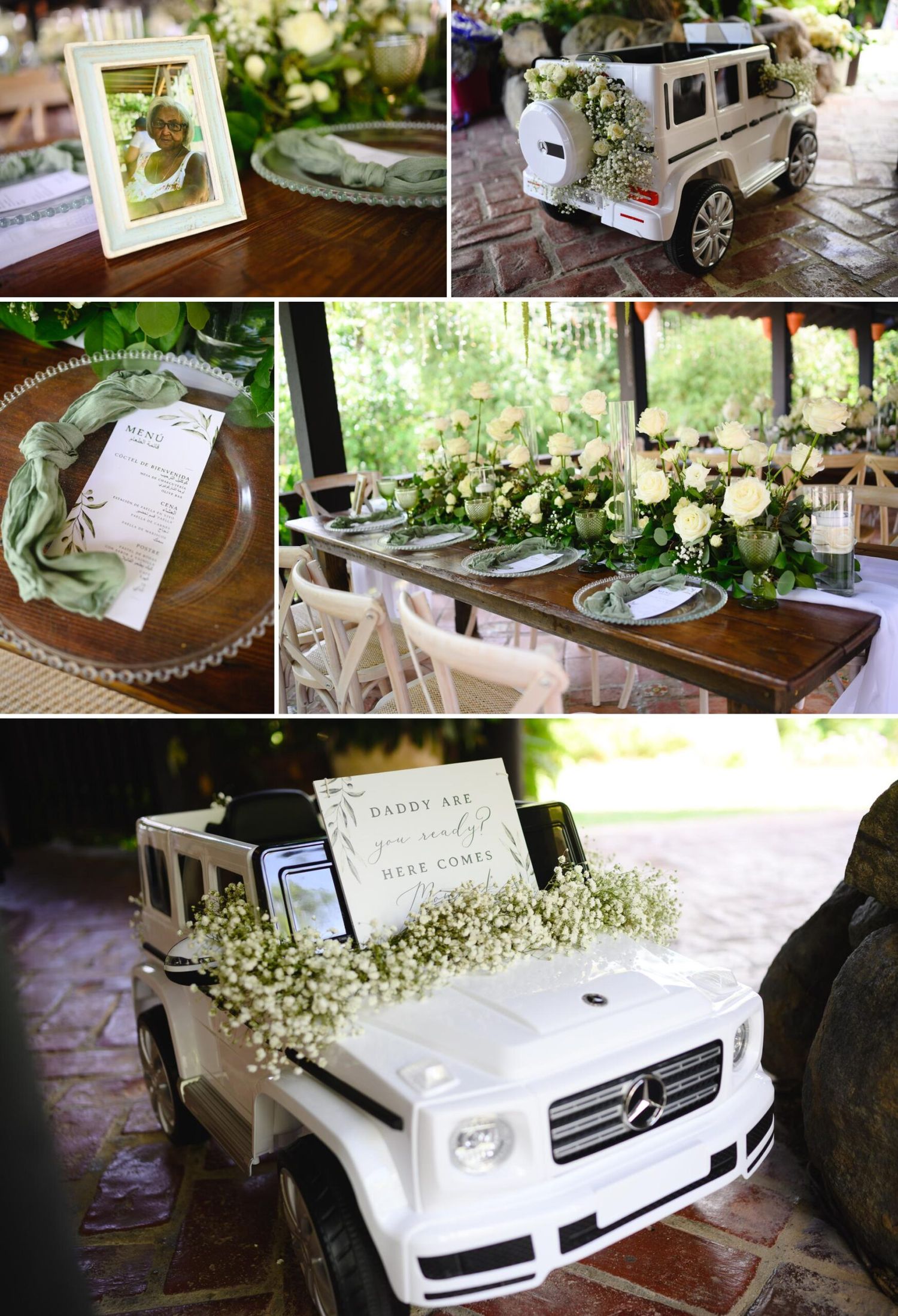Elegant wedding decor featuring a white toy Mercedes G-Wagon adorned with baby's breath flowers, framed photo, and floral table settings.