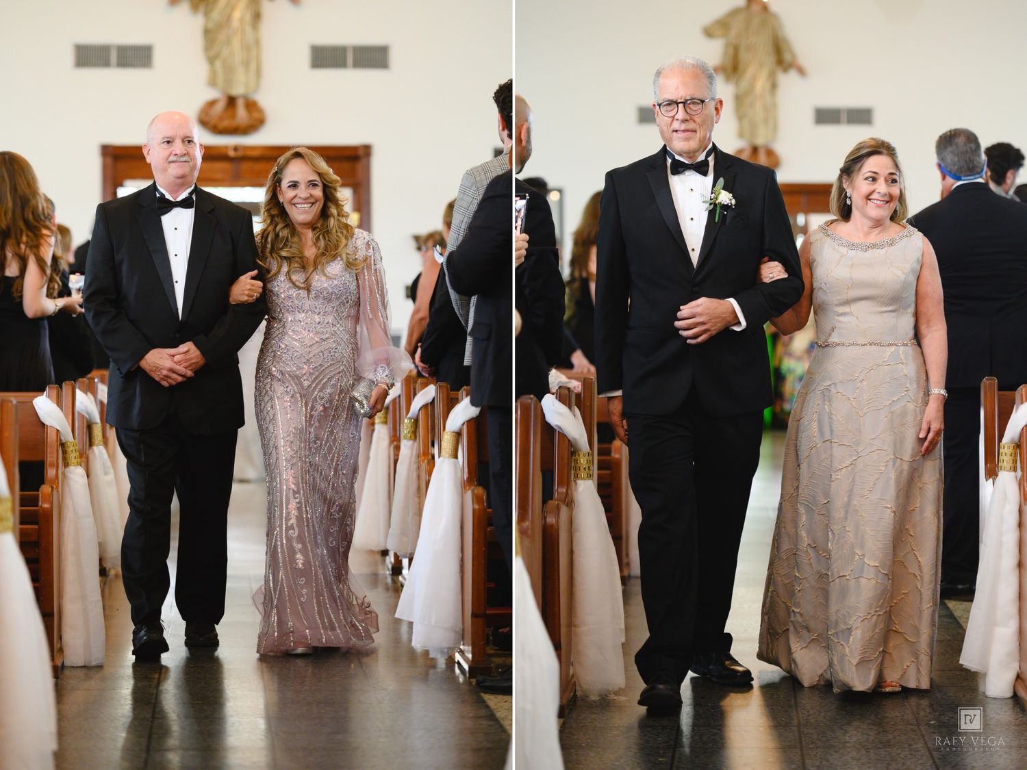 Elegant couples walking down church aisle in formal attire during wedding ceremony processional.