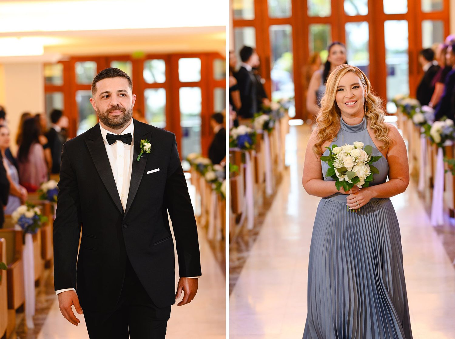 Groom in tuxedo and bridesmaid in blue gown walking down the aisle at an elegant wedding ceremony.