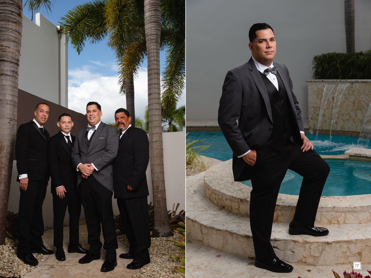 Four men in formal black tuxedos pose outdoors near palm trees, while one man stands alone by a pool waterfall.
