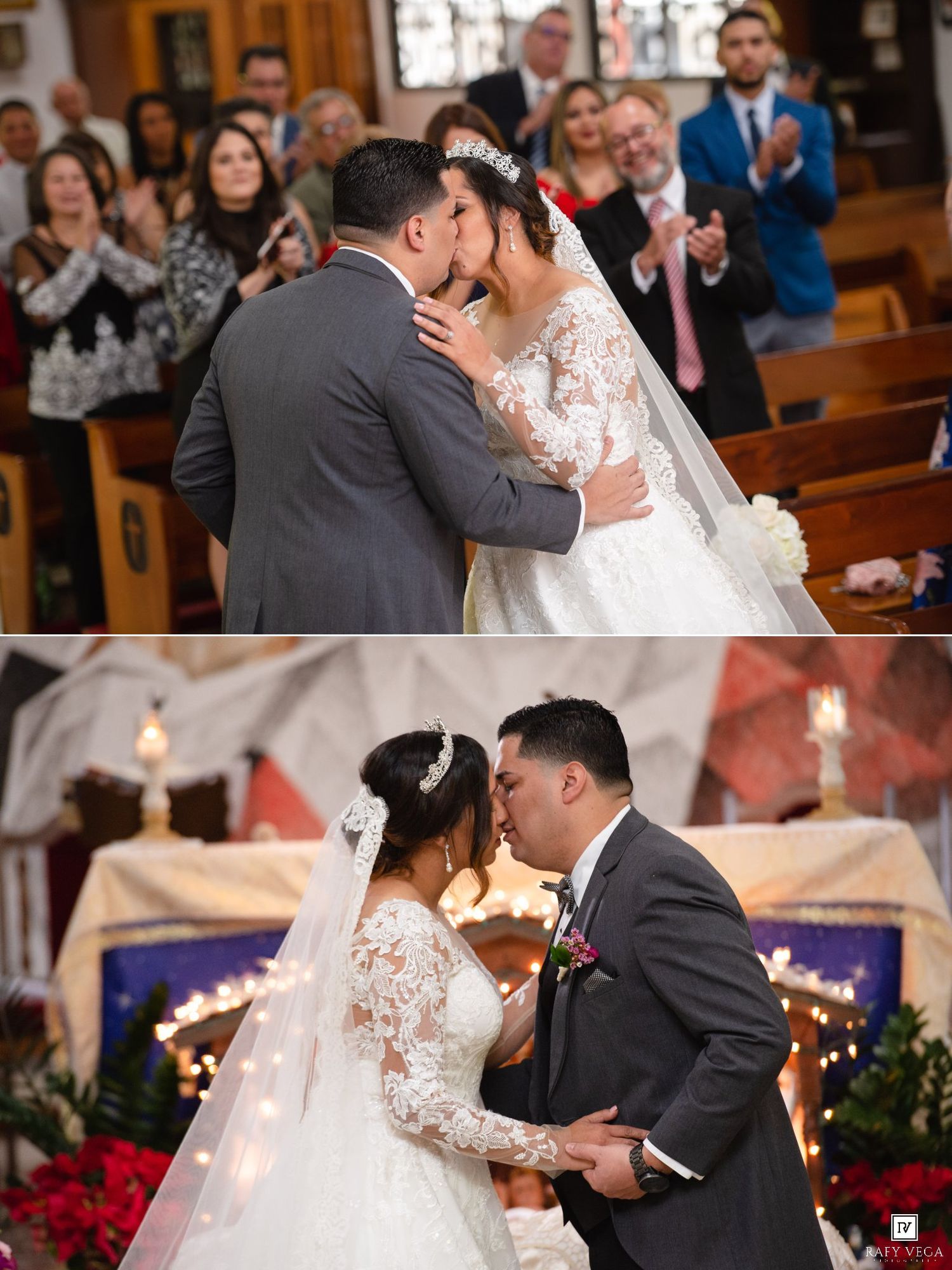 Bride and groom share their first kiss at the church altar during a beautiful wedding ceremony with guests applauding.