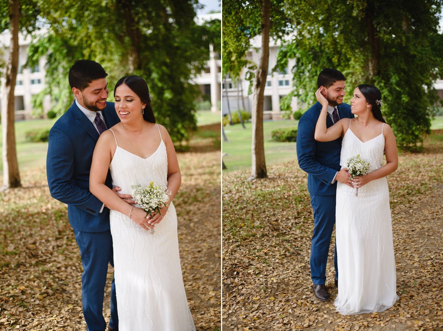 Bride and groom share a romantic moment outdoors, with the bride holding a white bouquet in a flowing white gown.