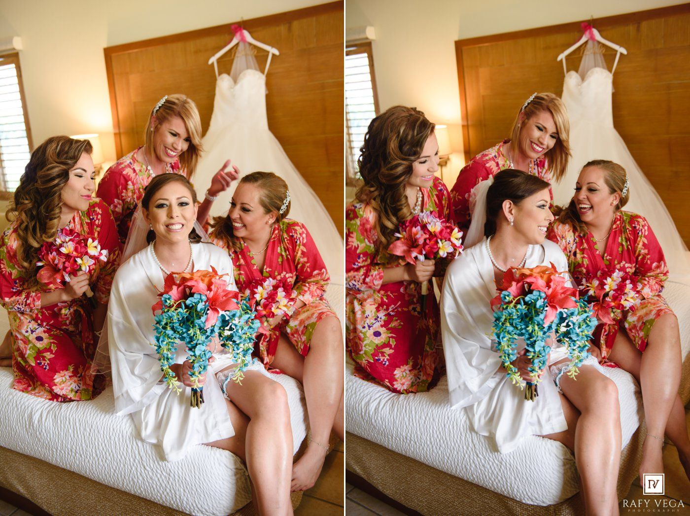 Bride in white robe with bridesmaids in red floral robes holding colorful bouquets, getting ready before wedding ceremony.