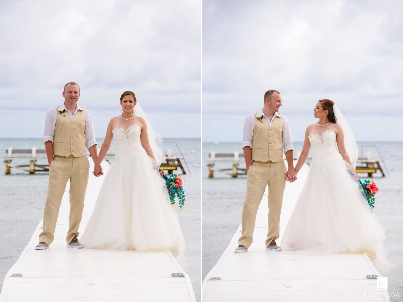 Bride and groom holding hands on a white dock by the ocean on their tropical beach wedding day.