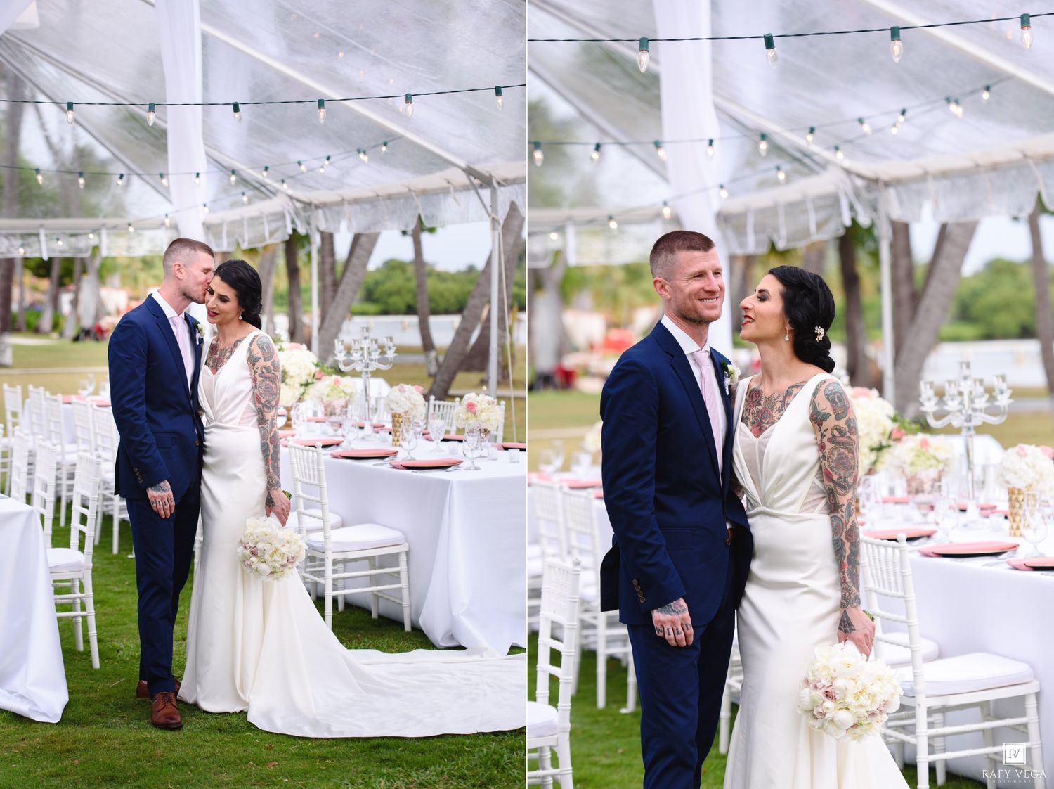 Bride and groom share a romantic moment under an elegant outdoor wedding tent with white chairs and floral table settings.