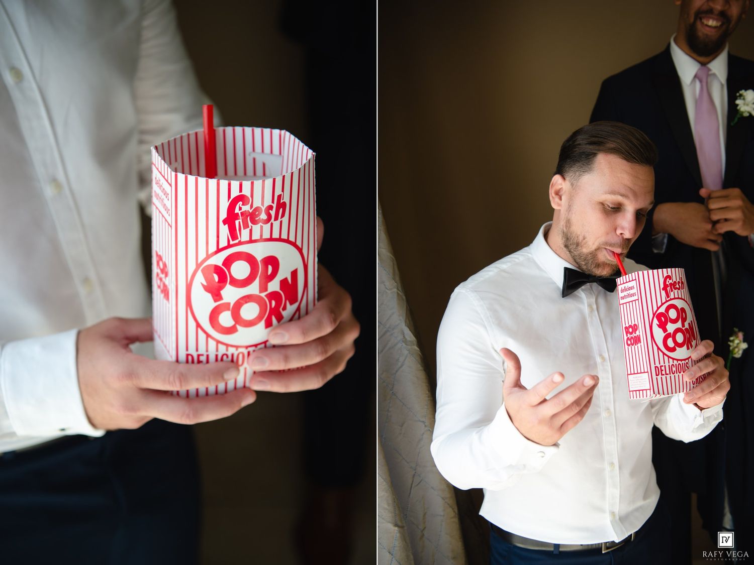 Groom in white shirt and bow tie eating popcorn from a red and white box before his wedding ceremony.