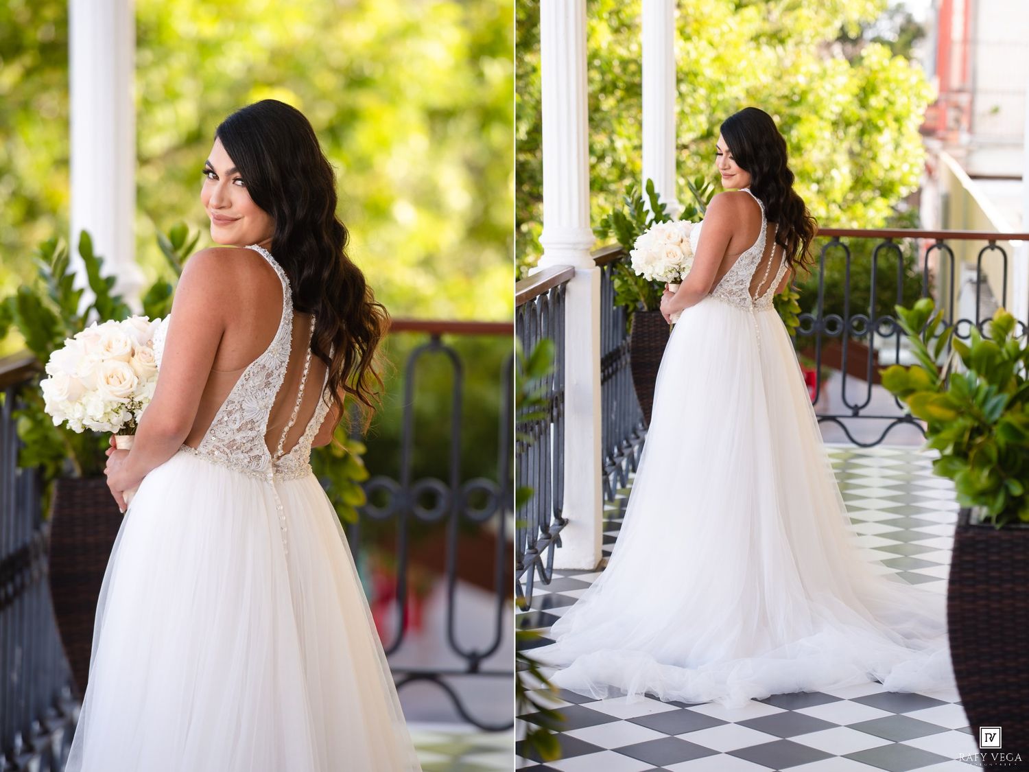Bride in elegant backless white tulle gown holding bouquet on a classic porch with checkered floor.