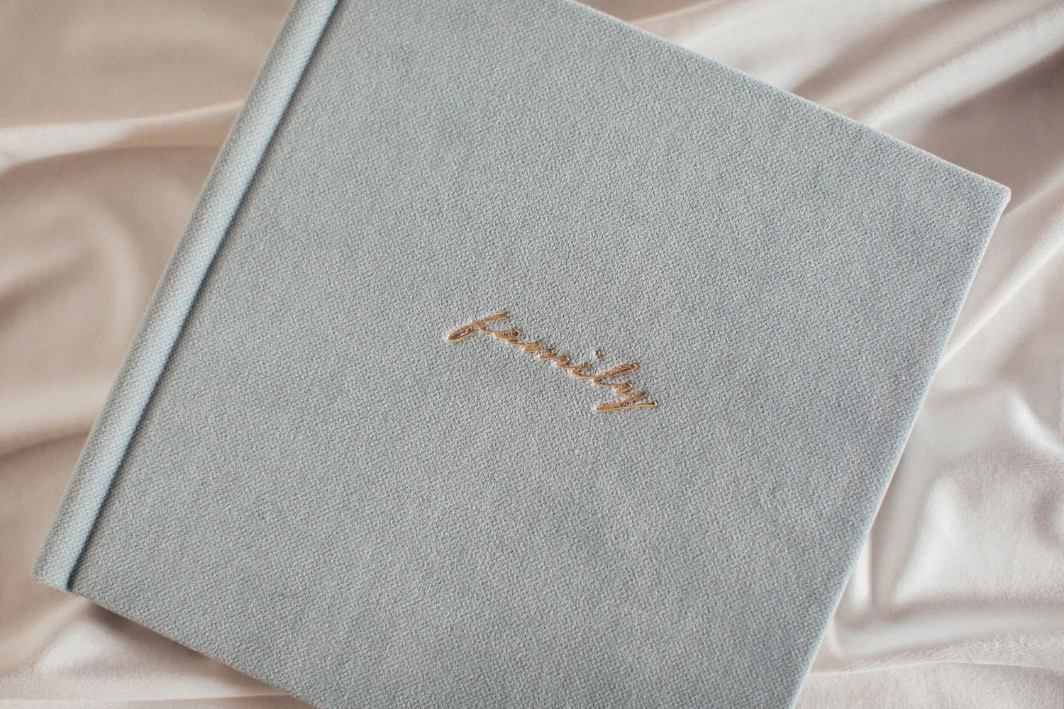 Light blue linen family photo album with gold embossed script lettering on white satin fabric background.