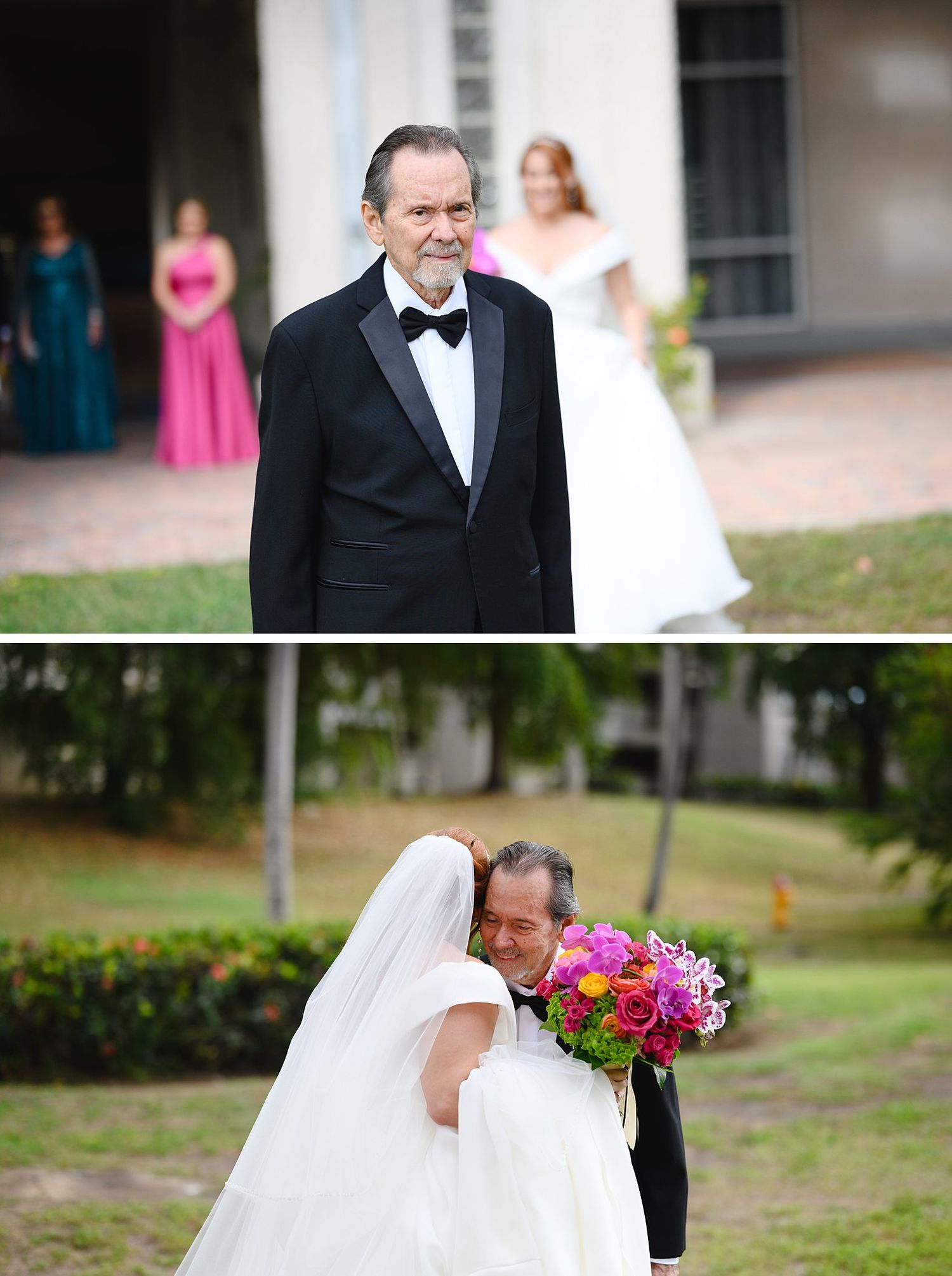 Father in tuxedo emotional first look with bride in white gown, bridesmaids in pink and teal dresses at outdoor wedding.