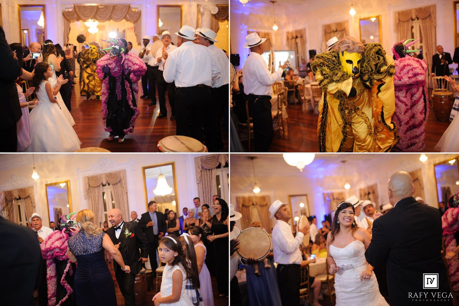 Elegant wedding reception with guests dancing, masked performers in colorful costumes, and a bride in a white gown in a decorated ballroom.