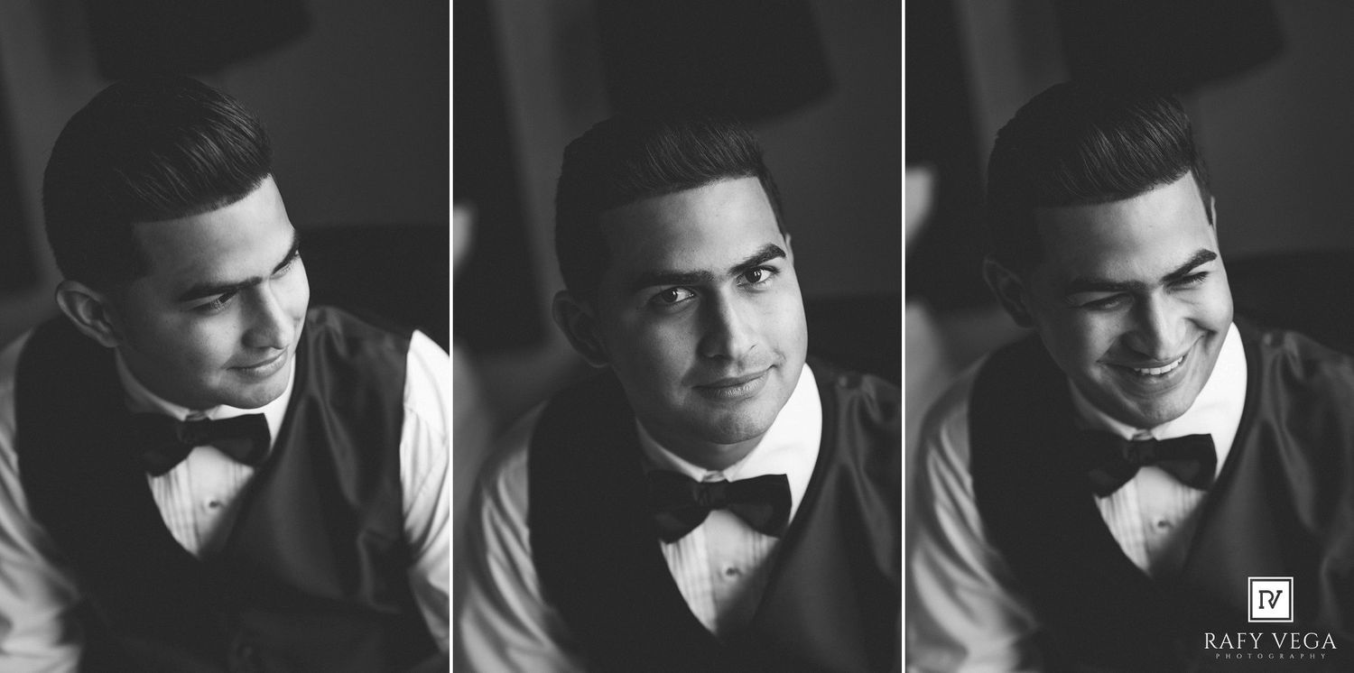 Black and white triptych portrait of a dapper groom in bow tie and vest, smiling elegantly.