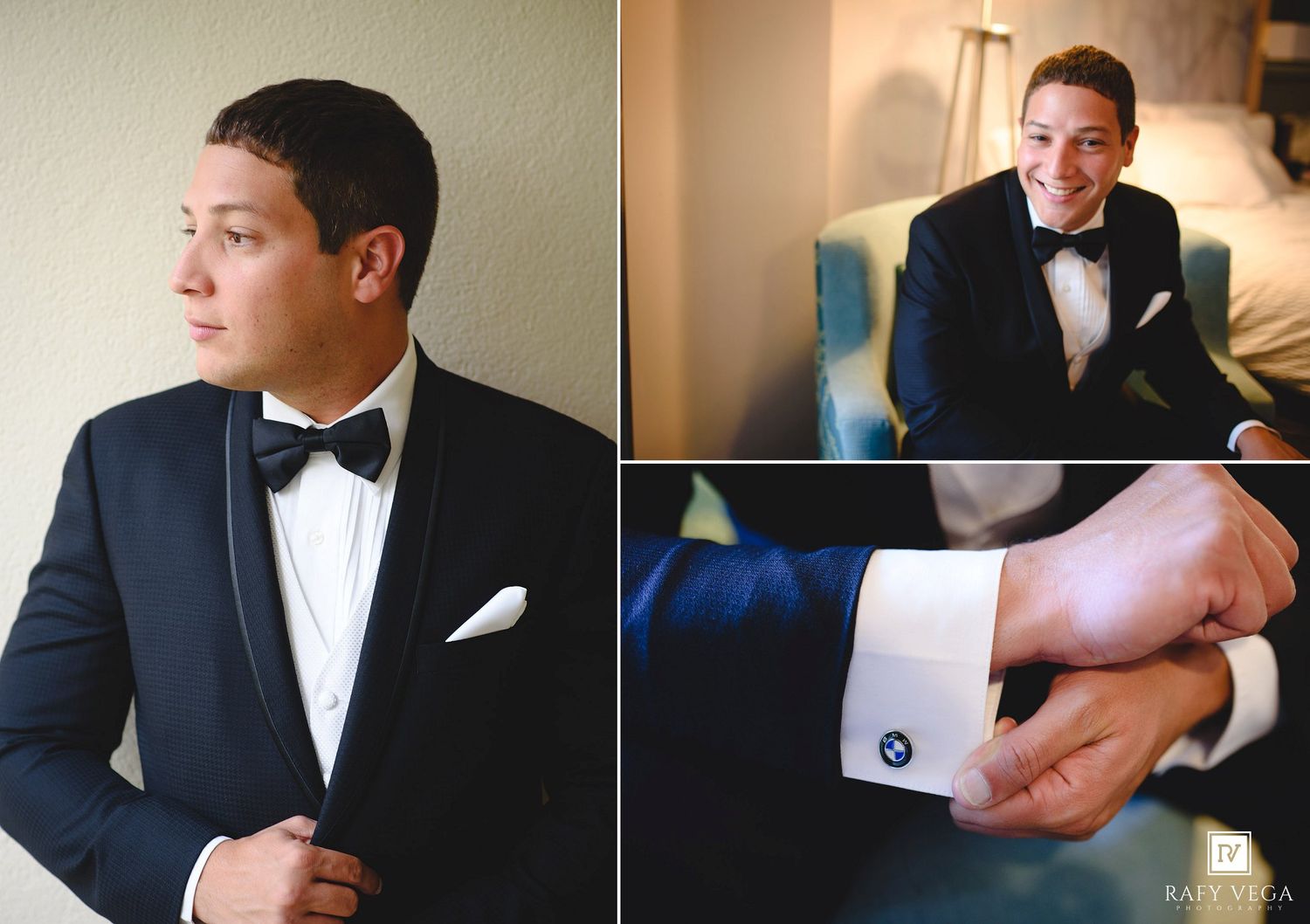 Groom in black tuxedo with bow tie adjusting jacket, smiling in hotel room, and fastening BMW cufflinks.