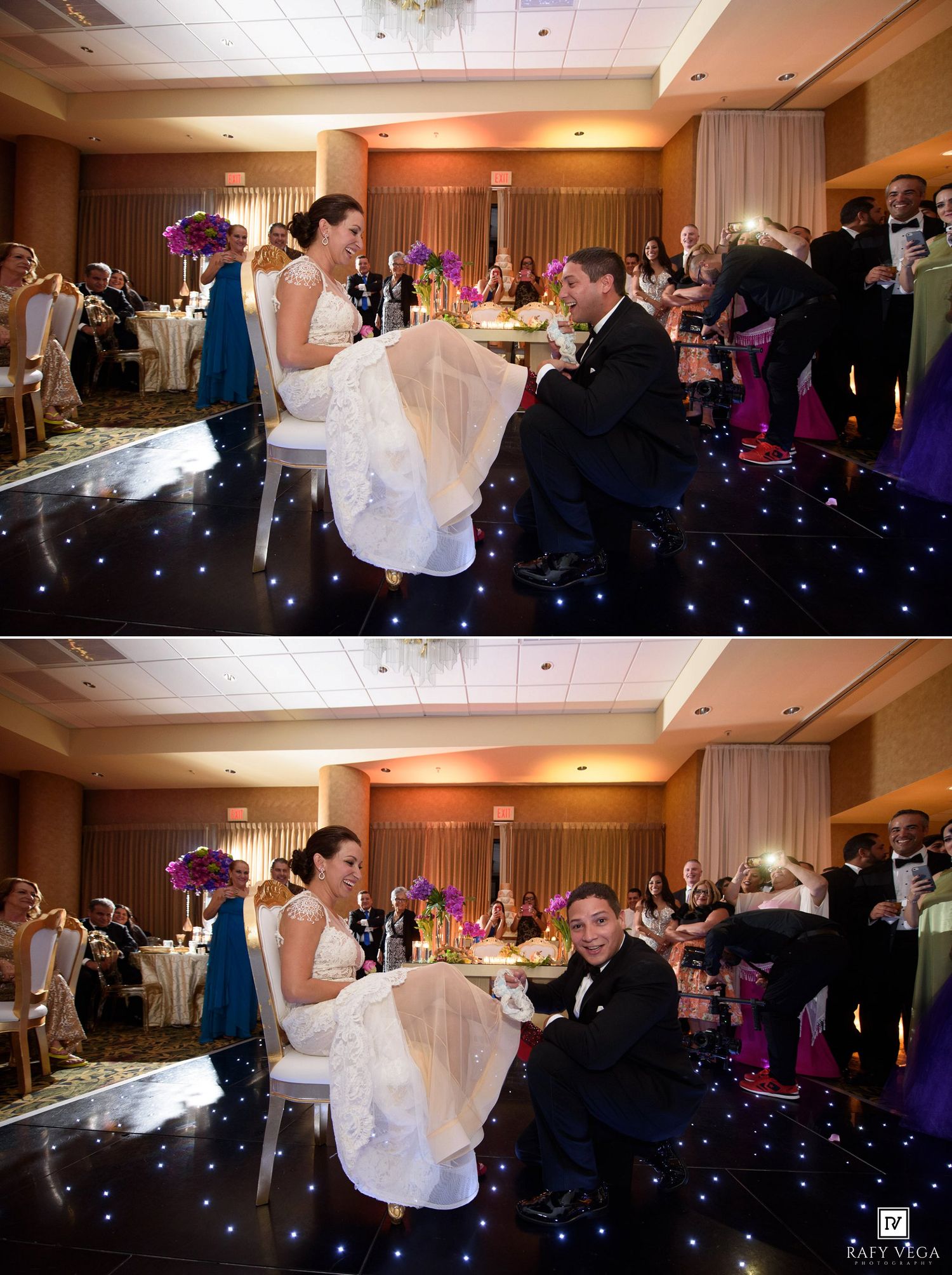 Bride and groom share a joyful moment during wedding reception garter removal on a starlit dance floor.