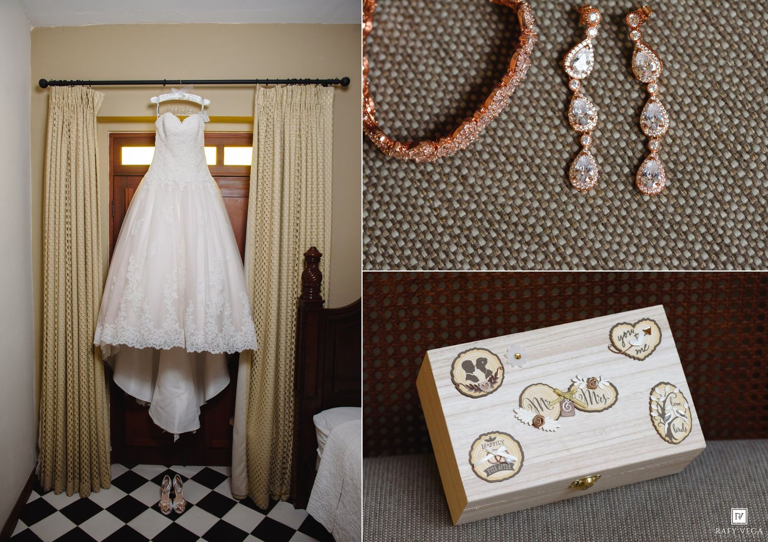 Elegant white lace wedding dress hanging in a bedroom, with rose gold drop earrings and a decorative jewelry box nearby.