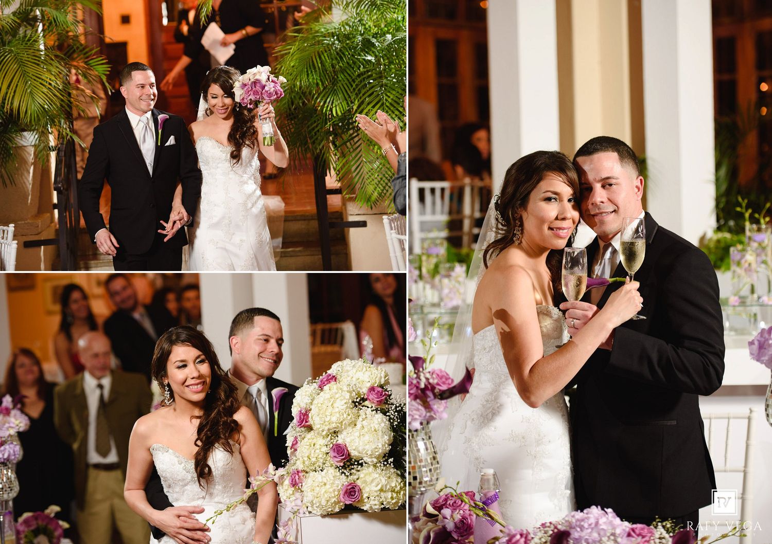 Bride and groom celebrating at elegant wedding reception with floral arrangements and champagne toast.