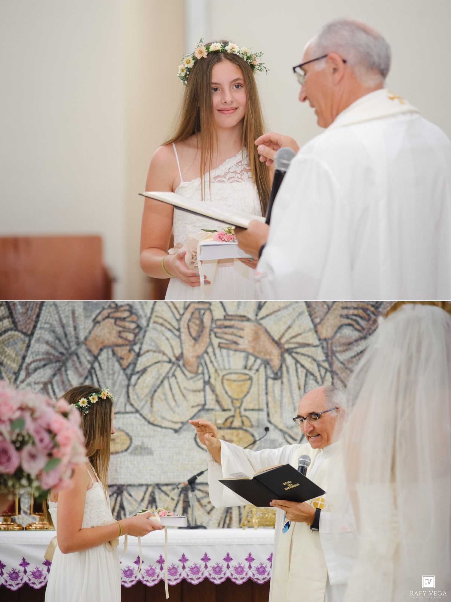 Girl in white dress and floral crown receives First Communion from a priest at a Catholic church altar.