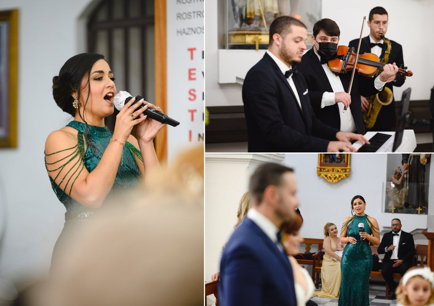 Elegant wedding reception with a female singer performing live alongside a violinist and saxophonist in a decorated venue.
