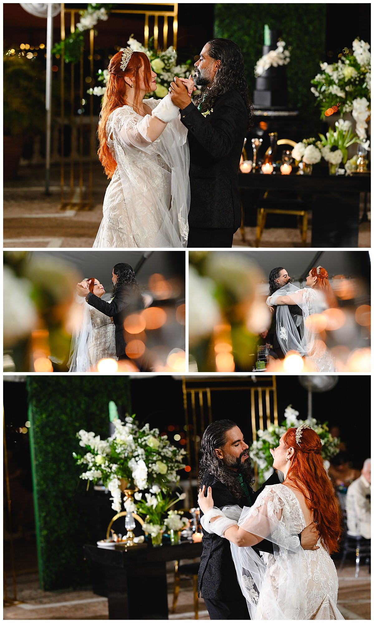 Bride and groom share their first dance at an elegant wedding reception with white floral arrangements and candlelight.