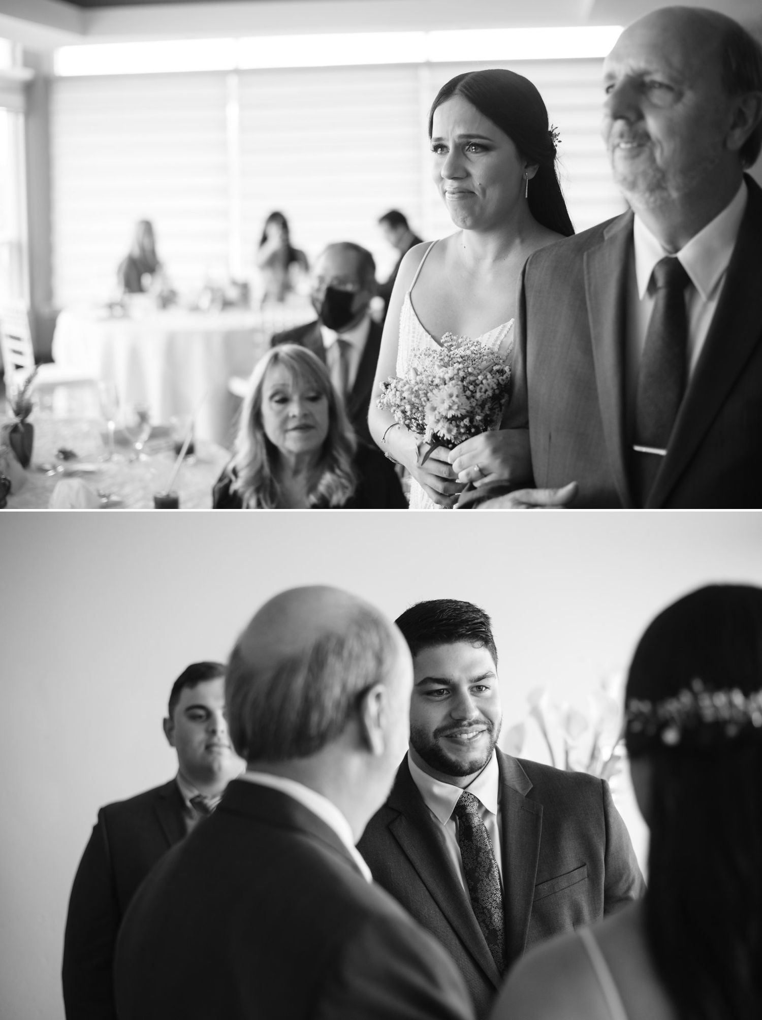 Black and white wedding photos showing bride walking down aisle with bouquet and groom smiling at altar.