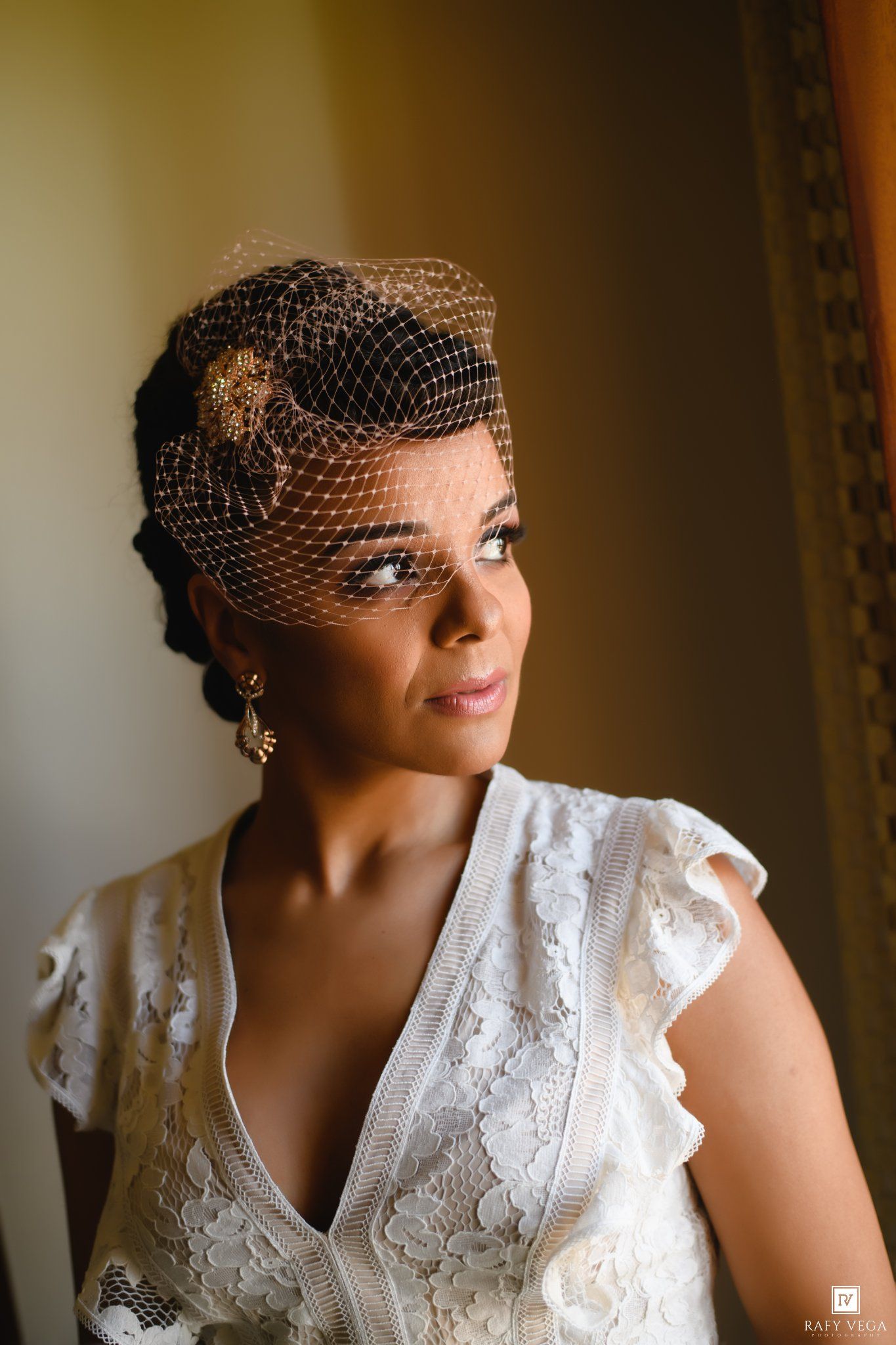Elegant bride wearing white lace dress and vintage birdcage veil with floral accent, gazing softly toward natural window light.