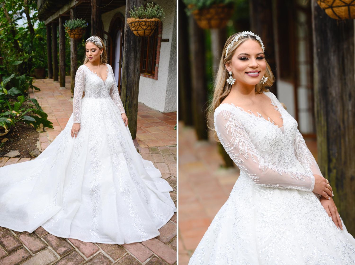 Elegant bride in a long-sleeve lace ball gown wedding dress with tiara, posing outdoors in a garden setting.