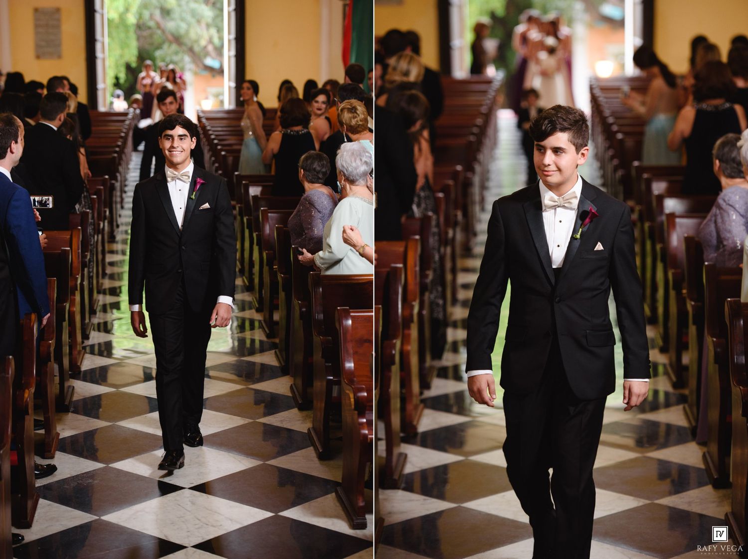 Groom in black tuxedo walks down church aisle during wedding ceremony, guests seated in wooden pews.