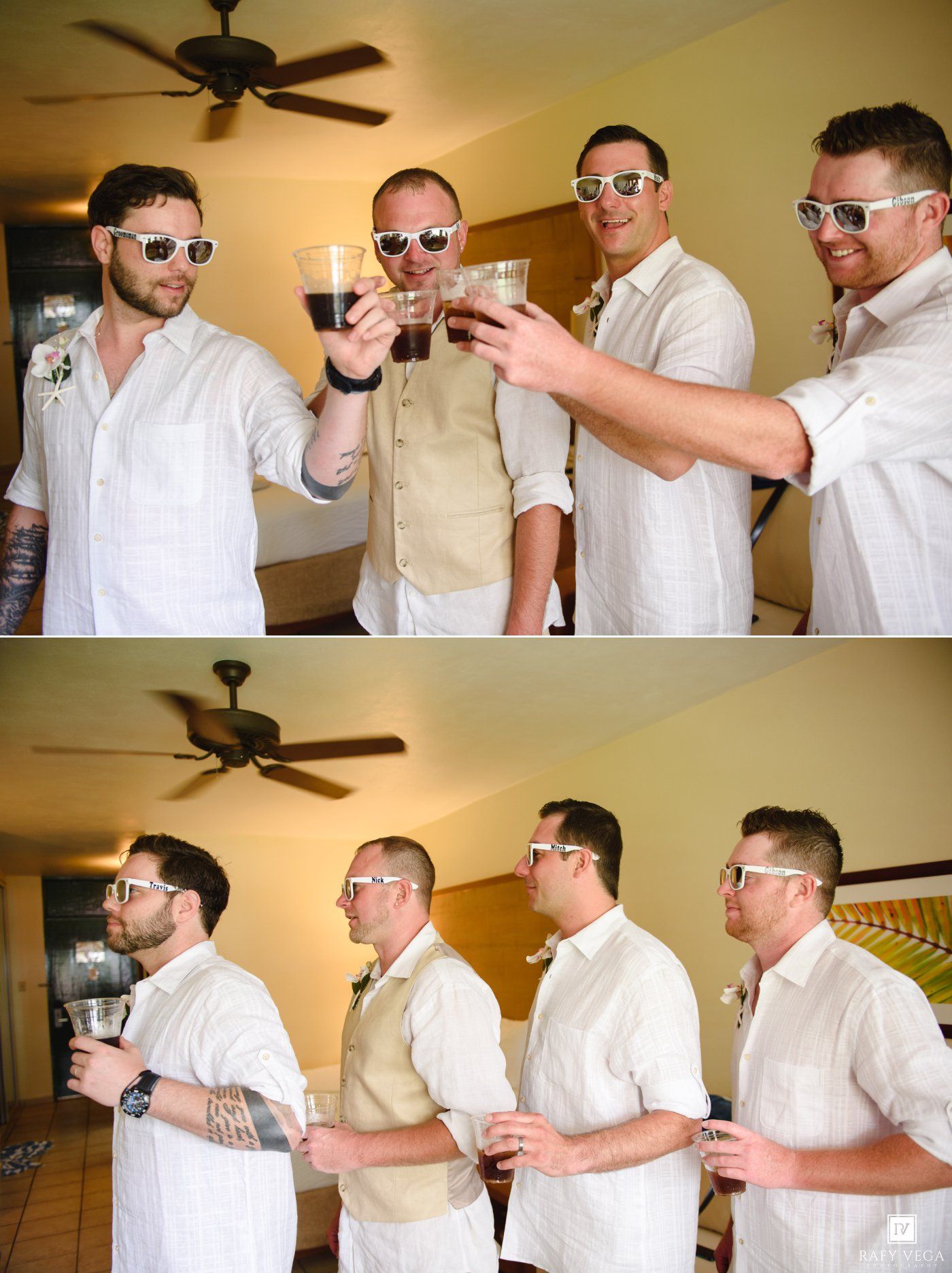 Groomsmen in white shirts and sunglasses toasting drinks together before a wedding celebration.