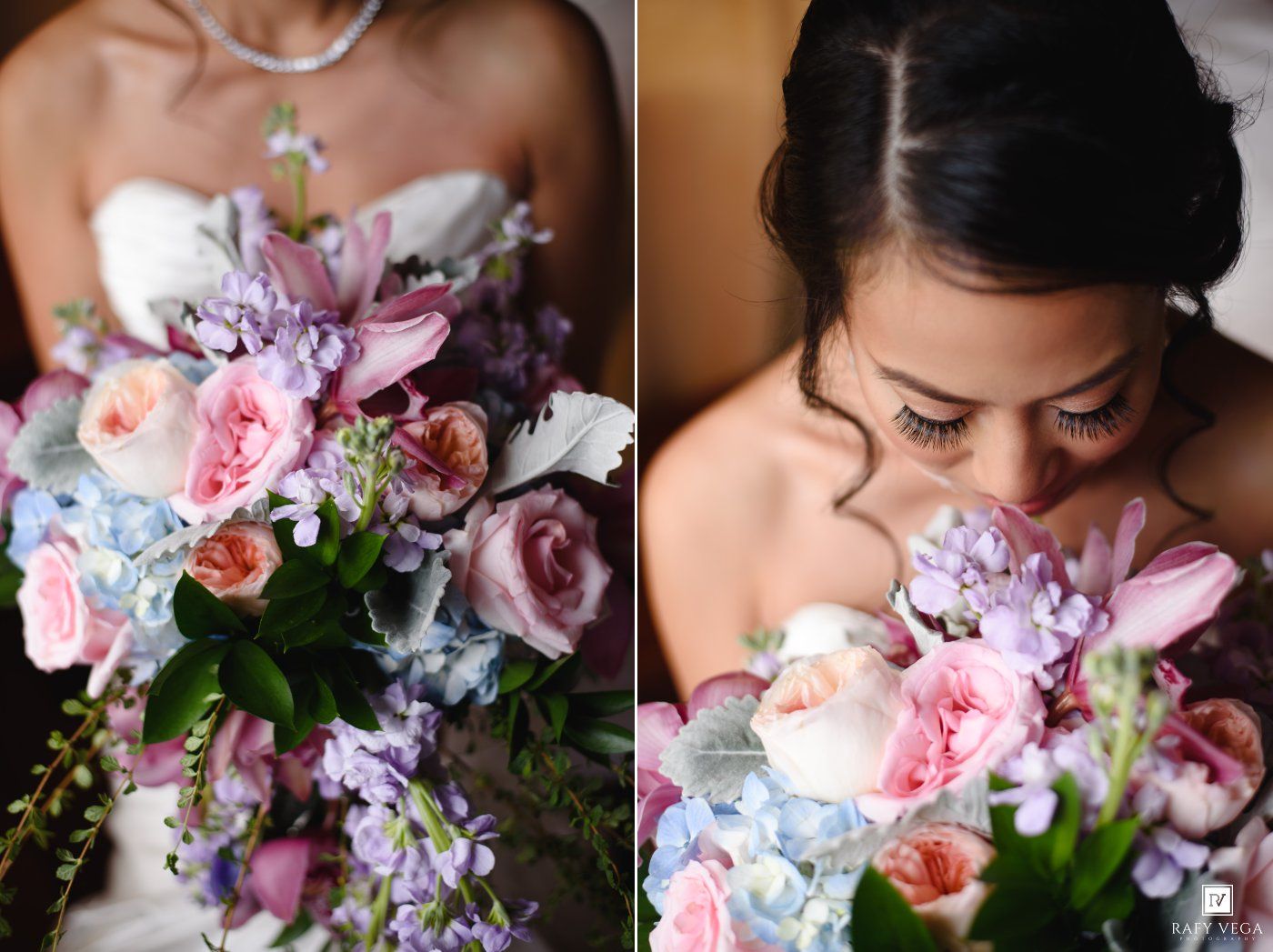 Bride in strapless gown holding lush pink, purple, and blue cascading wedding bouquet with roses and hydrangeas.