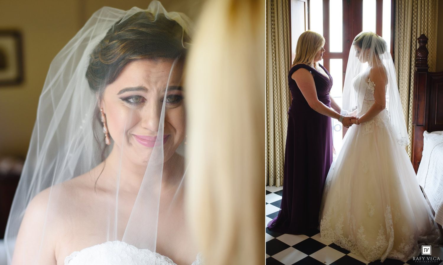 Bride in white strapless gown and veil smiles emotionally while another woman helps her dress in an elegant room.