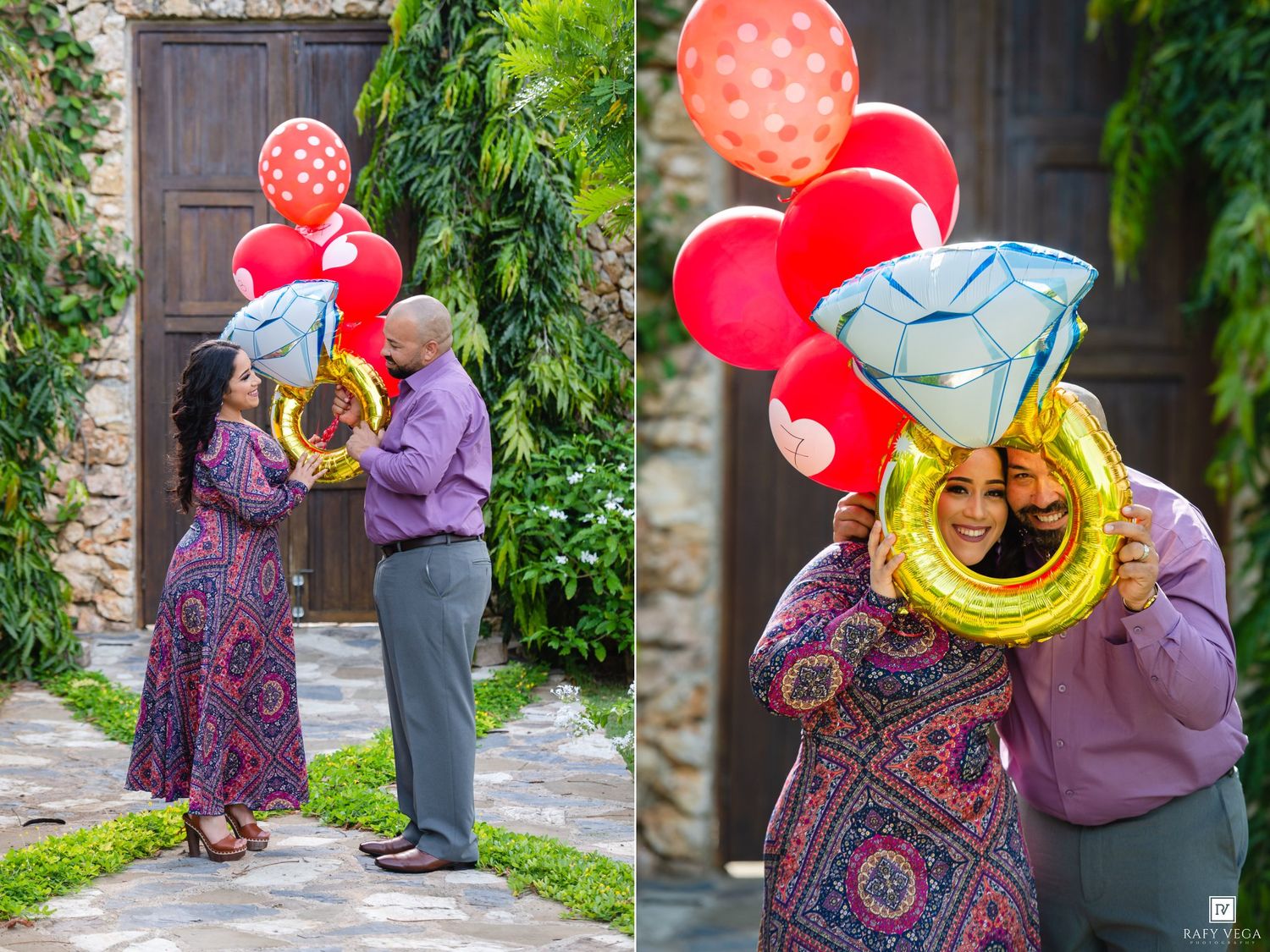 Couple poses with colorful balloons and diamond ring balloon prop during outdoor engagement photo session.