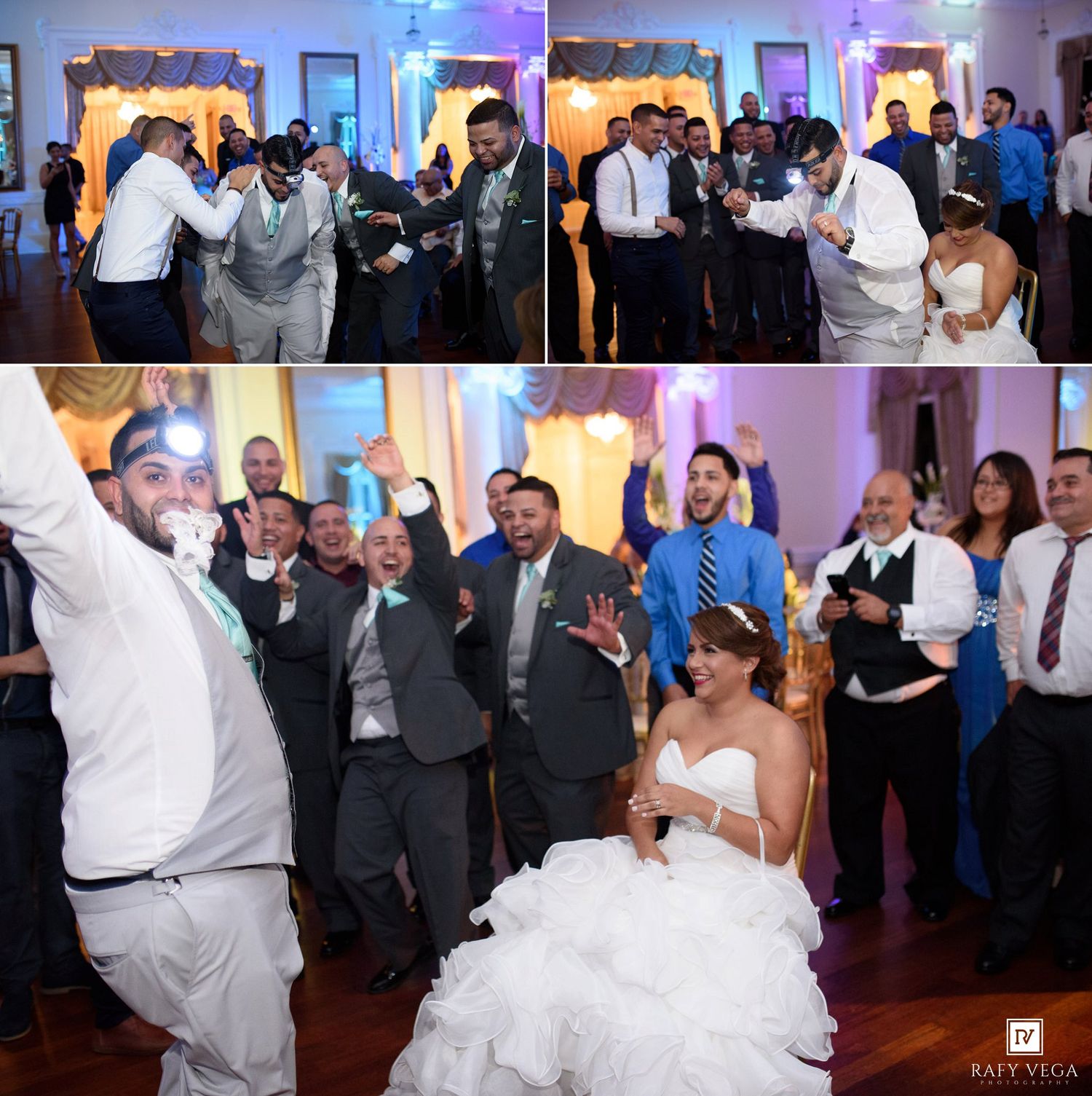 Joyful wedding reception guests dancing and celebrating with bride and groom in elegant ballroom venue.